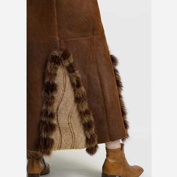 Genuine Suede Sheepskin Shearling Fur Coat Long Hood Vintage Penny Lane Princess - Picture 8 of 9